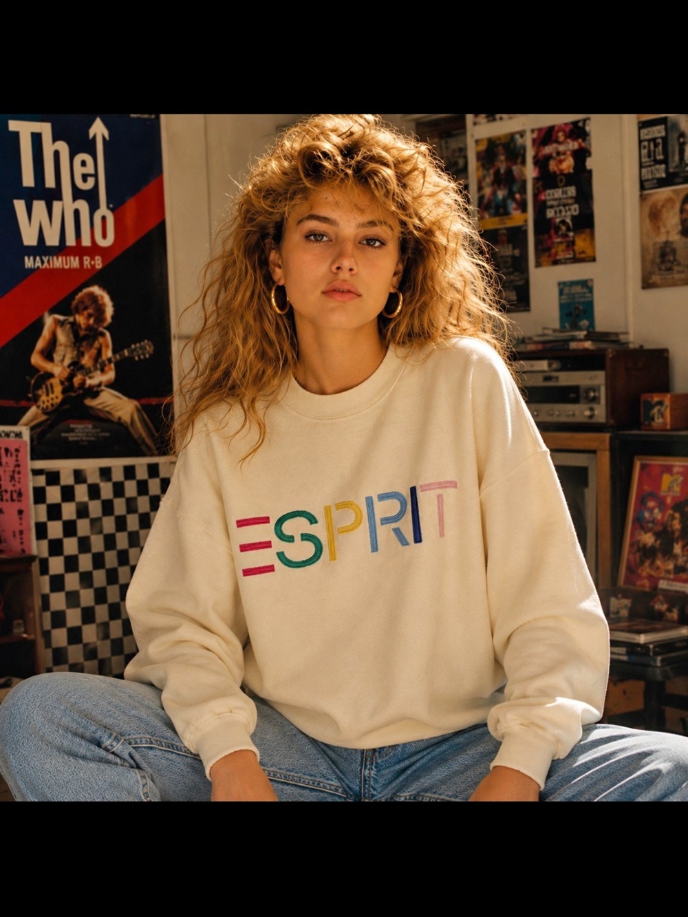 Esprit Cream Crewneck Sweatshirt with Rainbow Logo